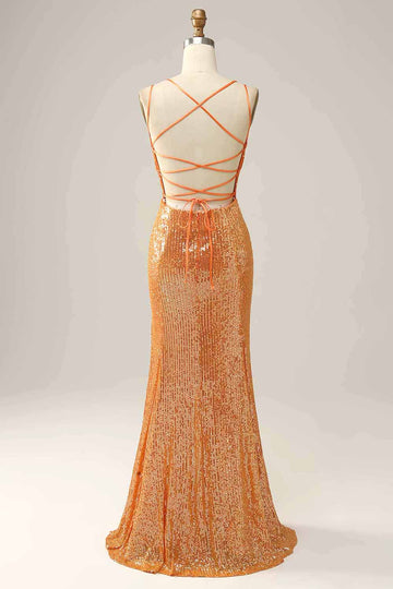 Vestido de fiesta de lentejuelas sirena sin espalda naranja